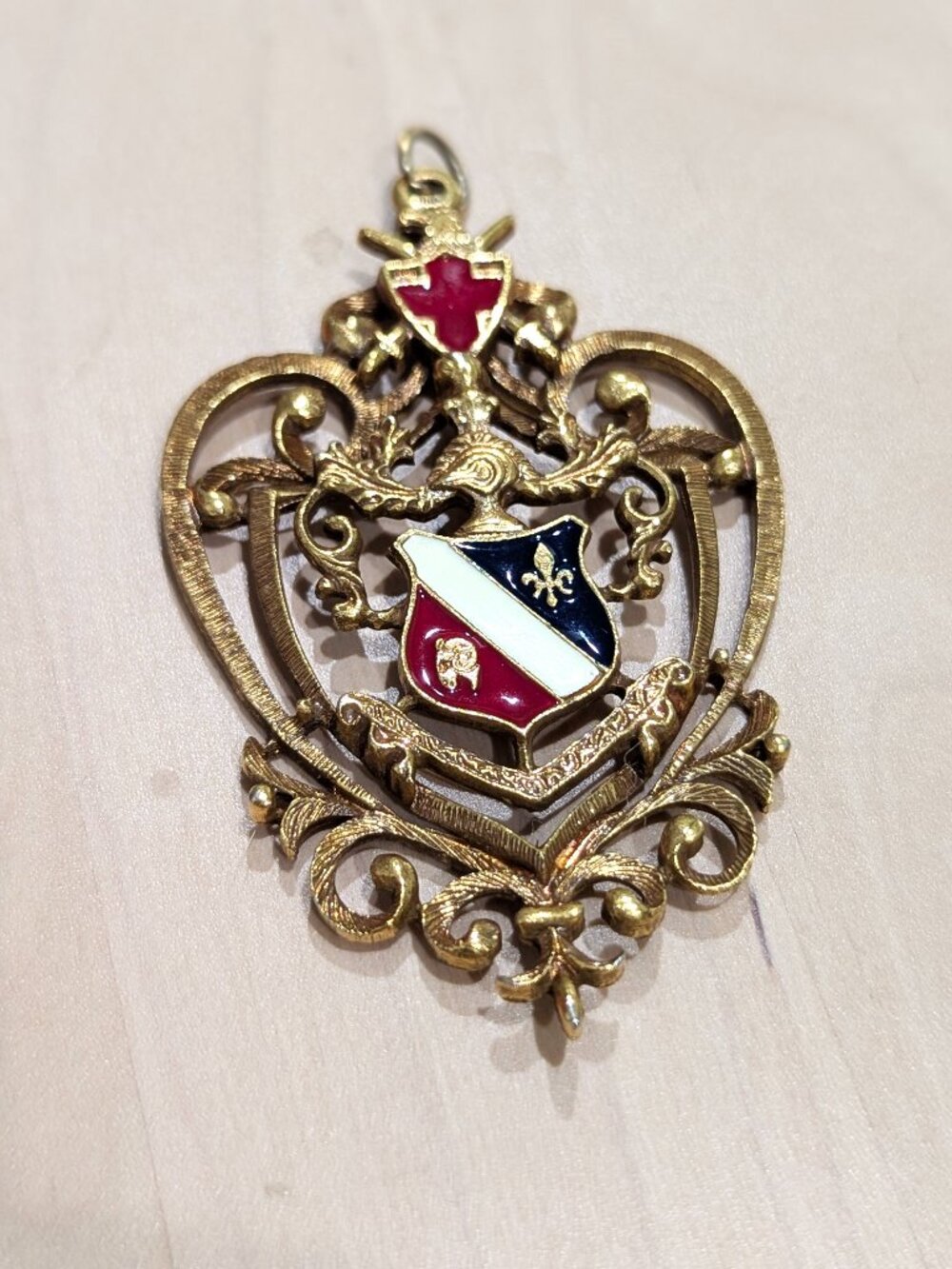 Vintage Coro Gold Tone Heart Shaped Heraldic Crest Enamel Shield Pendant